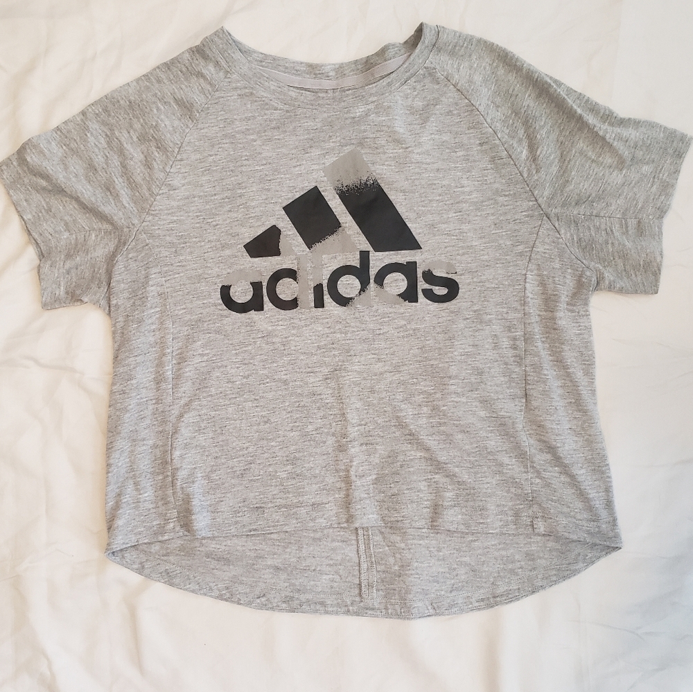 Adidas Juinors Heather Gray Logo Crop Top Tee W/ Peek Back Medium